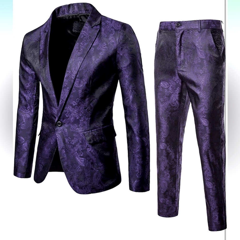 NWT Cloudstyle Purple Paisley One Button Peaked Lapel Blazer and Pants, Size 42R